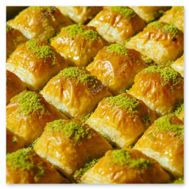 Pistachio baklava with flaky layers and syrup glaze