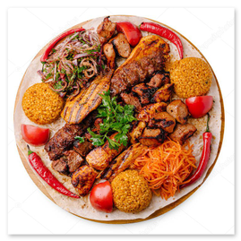 Mixed grill platter with salad, rice, and pickles