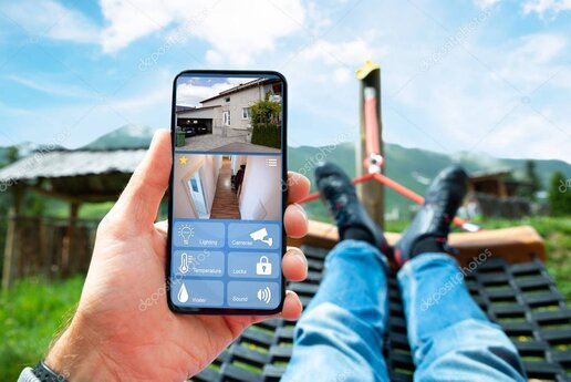 Modern townhouse exterior with discreet security cameras