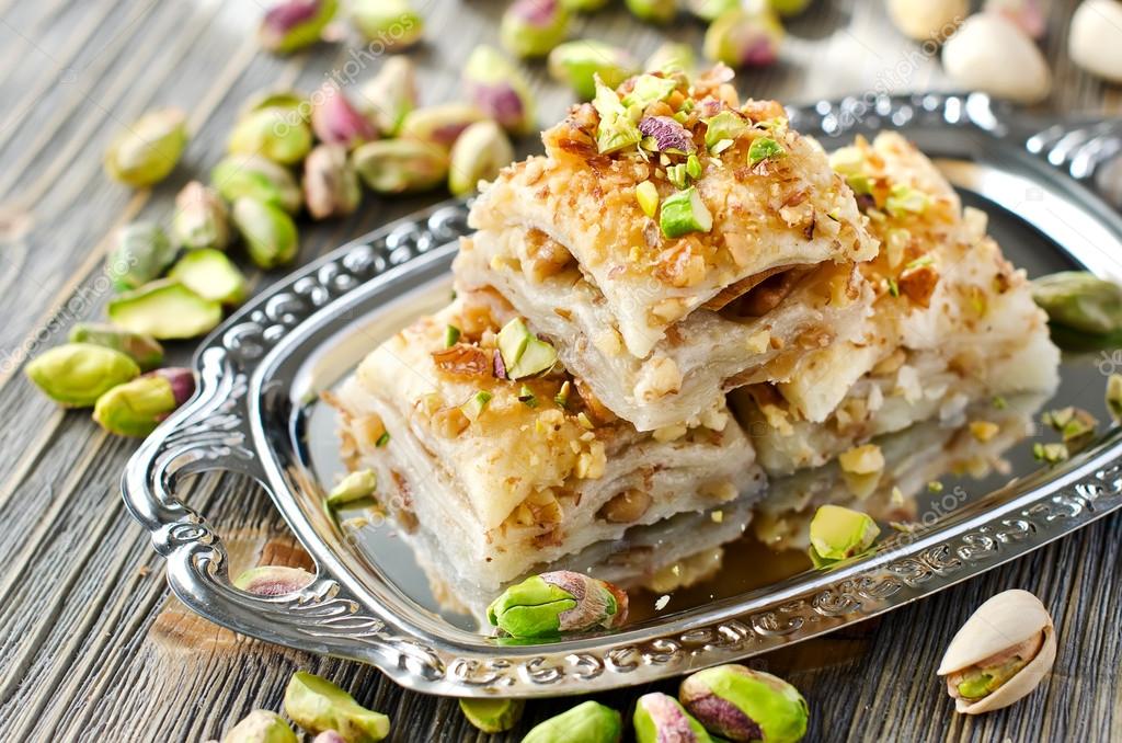 Tray of pistachio baklava pieces