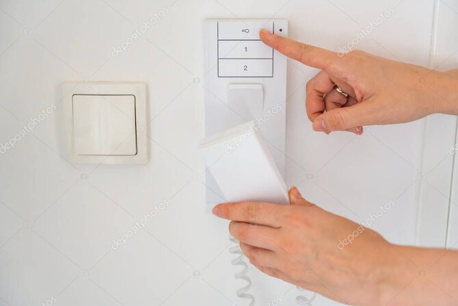 Modern building lobby with access control and intercom